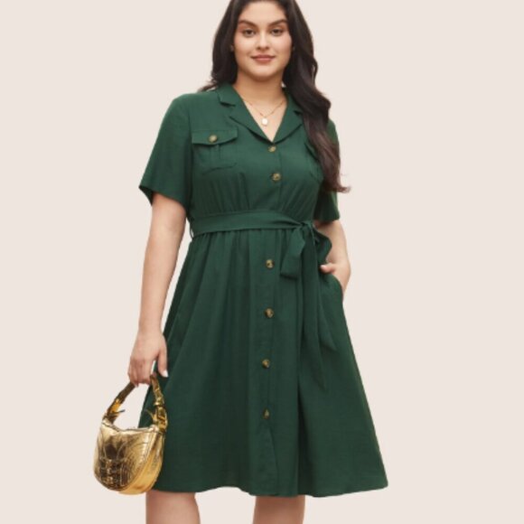 BloomChic Plus Size 2XL Plain Suit Collar Belted Flap Detail Shift Dress us18 - Picture 1 of 6